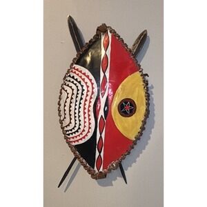 Vintage African Authentic Original Maasai Shield and Metal Spears 8x13"